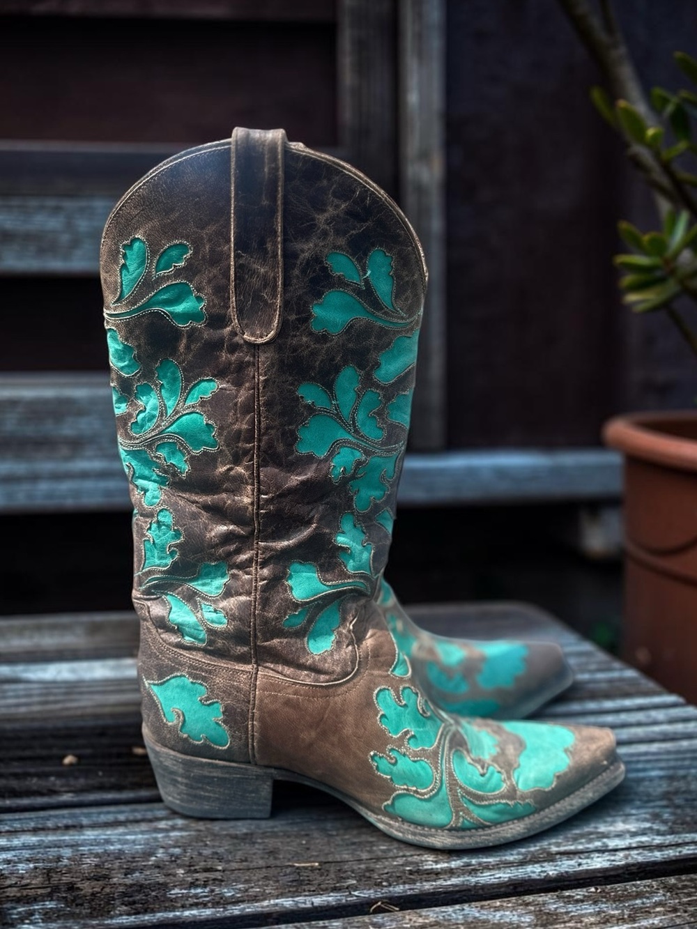Lane Boots Damask Brown Turquoise Floral Leather Cowgirl Boots Women's 9.5 A